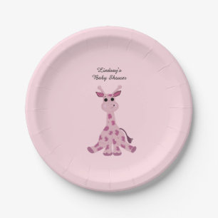 Plato De Papel Ducha de Bebé Jirafa Sentada Rosa