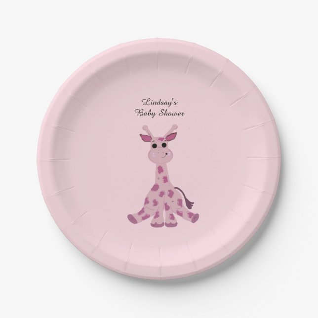Plato De Papel Ducha de Bebé Jirafa Sentada Rosa (Anverso)