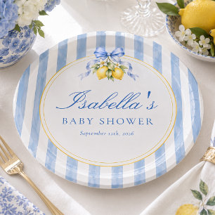 Plato De Papel Ducha de Bebé Limón con Rayas Azules y Lazo Amalfi