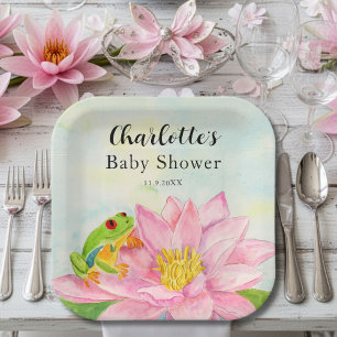 Plato De Papel Ducha de Bebé Lirios de Agua Rosa y Rana Arbórea