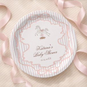 Plato De Papel Ducha de Bebé Niña Caballo Mecedor Rosa