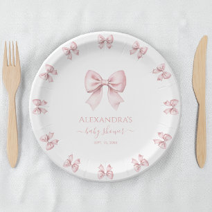 Plato De Papel Ducha de Bebé Niña con Lazo Rosa Acuarela Coqueta