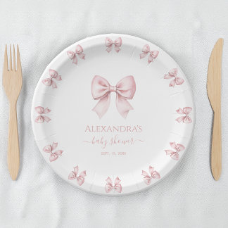 Plato De Papel Ducha de Bebé Niña con Lazo Rosa Acuarela Coqueta