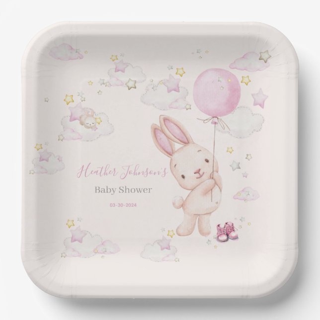 Plato De Papel Ducha de Bebé Niña Conejo (Anverso)
