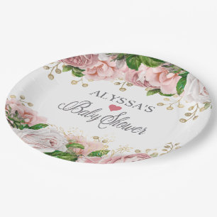 Plato De Papel Ducha de Bebé Niña Floral Rosa Dorado