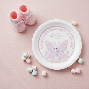 Plato De Papel Ducha de Bebé Niña Mariposa Dulce Fresa Rosa