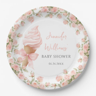 Plato De Papel Ducha de Bebé Niña Verano Helado Floral Rosa