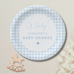 Plato De Papel Ducha de bebé niño acuarela boho a cuadros azules