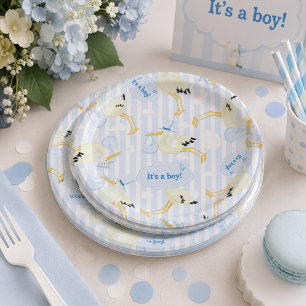 Plato De Papel Ducha de bebé niño con cigüeña