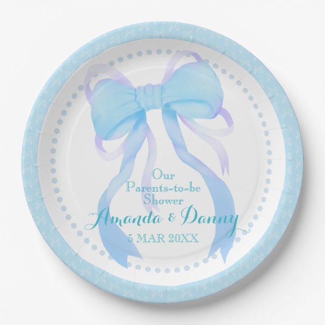 Plato De Papel Ducha de bebé niño con cinta azul (Anverso)