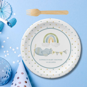 Plato De Papel Ducha de bebé niño con nubes arcoíris y avión anti