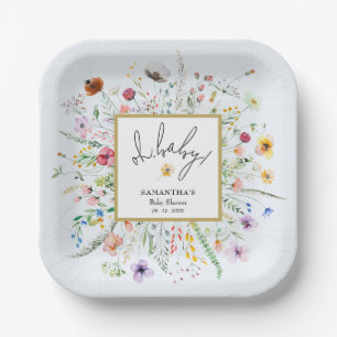 Plato De Papel Ducha de bebé niño flores silvestres azul