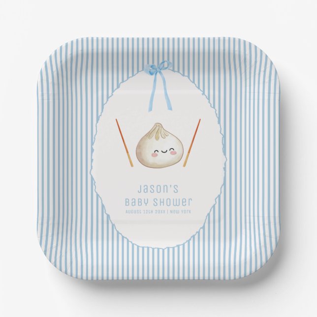 Plato De Papel Ducha de bebé niño moderna azul  (Anverso)