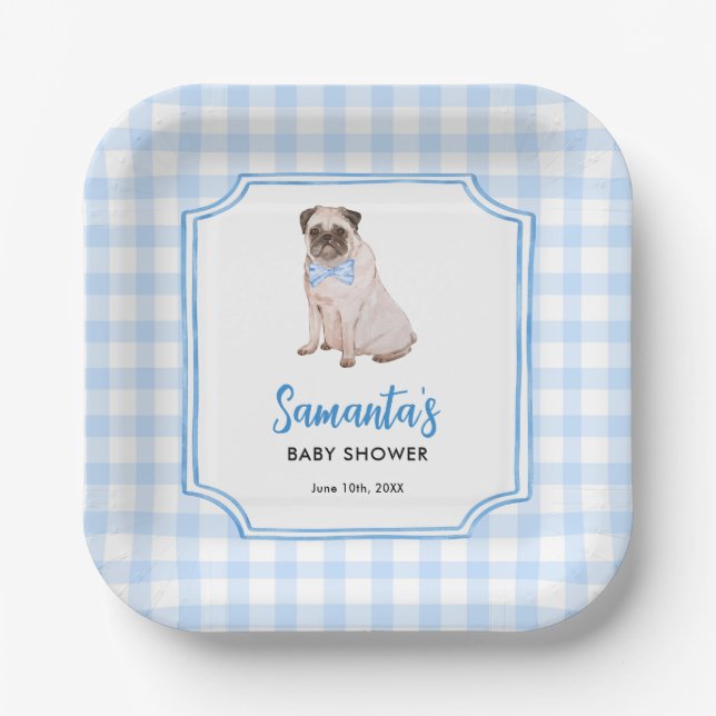 Plato De Papel Ducha de Bebé Niño Perro Gingham Azul (Anverso)