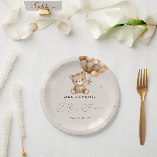 Plato De Papel Ducha de bebé Oso de peluche Neutral (Boda)
