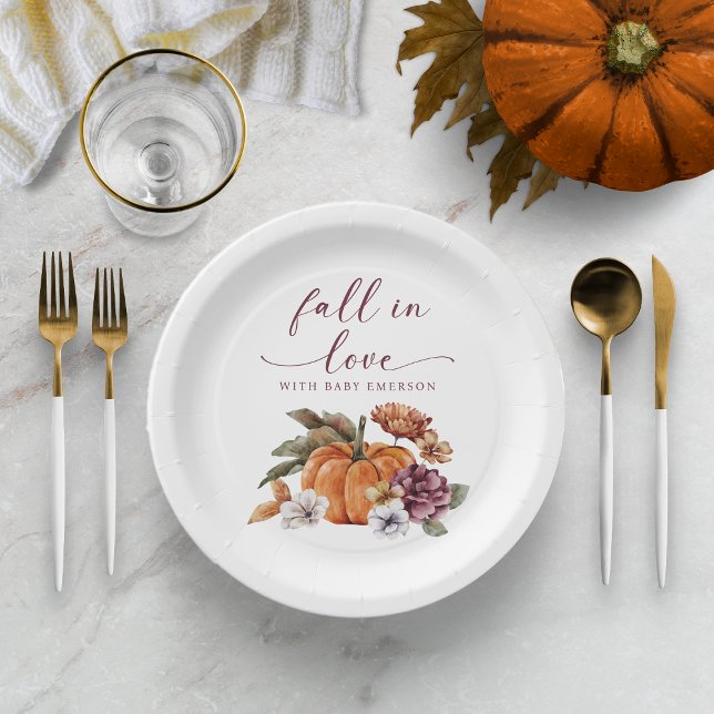 Plato De Papel Ducha de Bebé Otoño de Amor (Fall In Love With Baby Paper Plate Decor Baby Shower Fall Autumn Watercolor Pumpkin Floral)