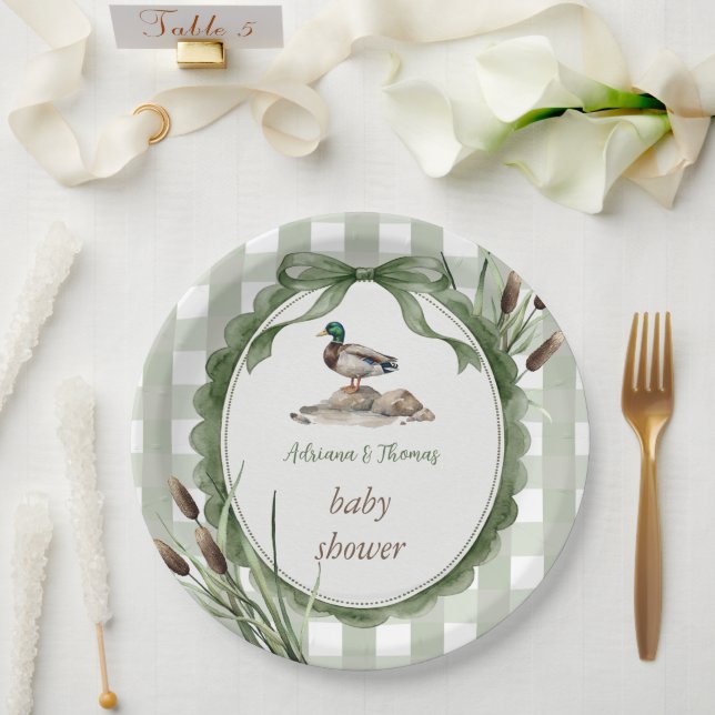 Plato De Papel Ducha de Bebé Pato Gingham Salvia (Boda)