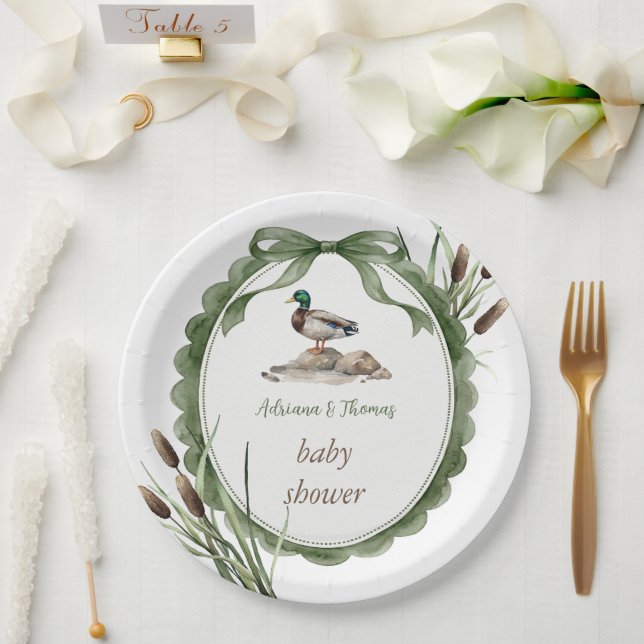 Plato De Papel Ducha de Bebé Pato Verde Blanco (Boda)