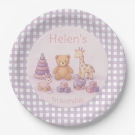 Plato De Papel Ducha de bebé personalizada de gingham de lavanda