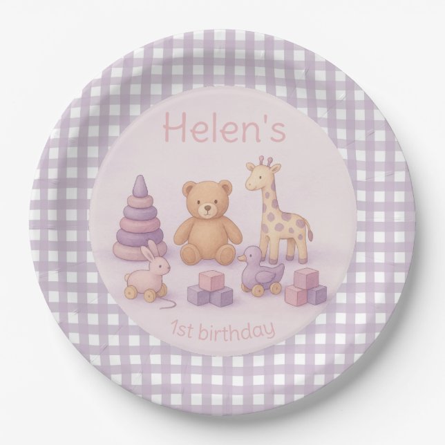 Plato De Papel Ducha de bebé personalizada de gingham de lavanda  (Anverso)