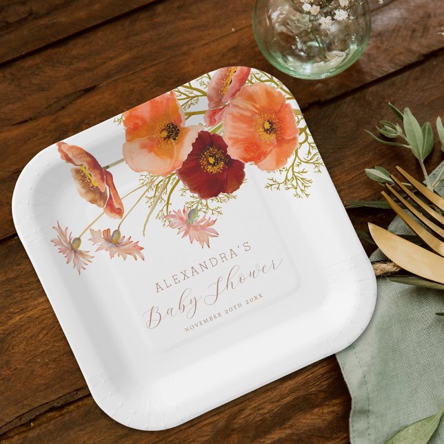 Plato De Papel Ducha de Bebé Personalizada Floral de Otoño Boho s (Boho fall floral gender neutral baby shower custom paper plates Watercolor wildflower elegant script)