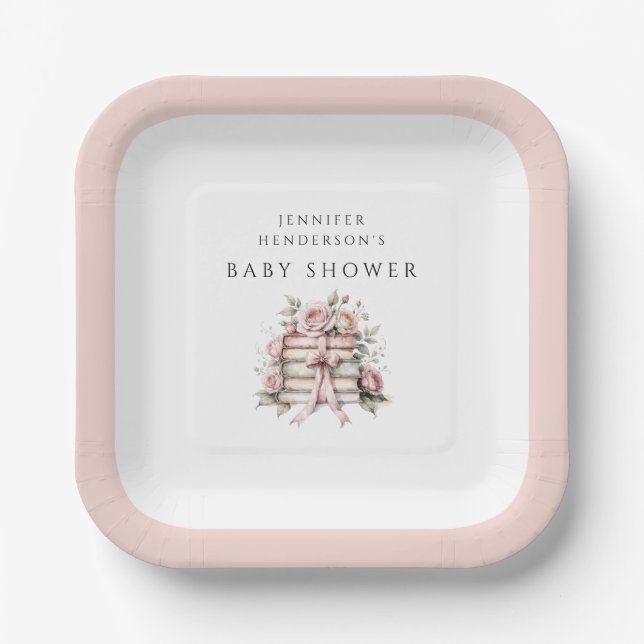 Plato De Papel Ducha de Bebé Pink Bow Bookstack (Anverso)