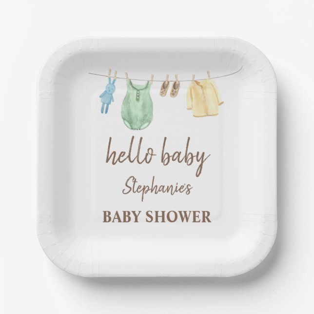 Plato De Papel Ducha de Bebé Ropa de Línea Boho Hola Bebé (Anverso)