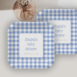 Plato De Papel Ducha de bebé rústica de cuadros de gingham azul p