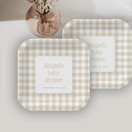 Plato De Papel Ducha de bebé rústica en cuadros beige de gingham