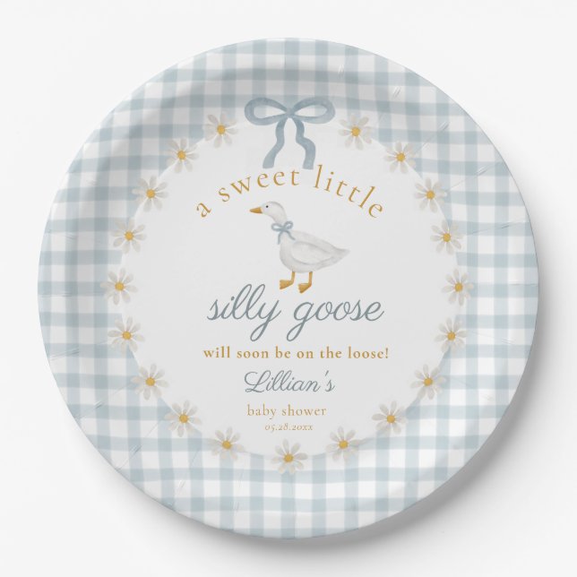 Plato De Papel Ducha de Bebé Silly Goose Blue Bow Daisy Gingham (Anverso)