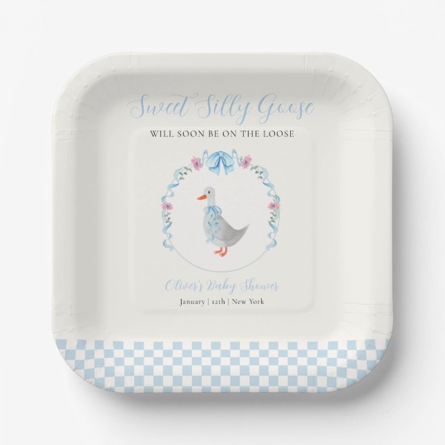 Plato De Papel Ducha de bebé Silly Goose Bosque de Gingham Azul (Anverso)