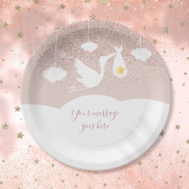 Plato De Papel Ducha de Bebé Stork con Brillo Rosa Dorado (Baby Shower Rose Gold Star Glitter Stork Paper Plates)