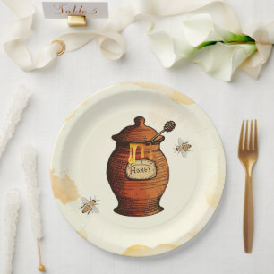 Plato De Papel Ducha de Bebé Vintage Colmena de Abejas Miel