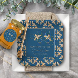 Plato De Papel Ducha de Boda Abeja Dorada Índigo y Panal