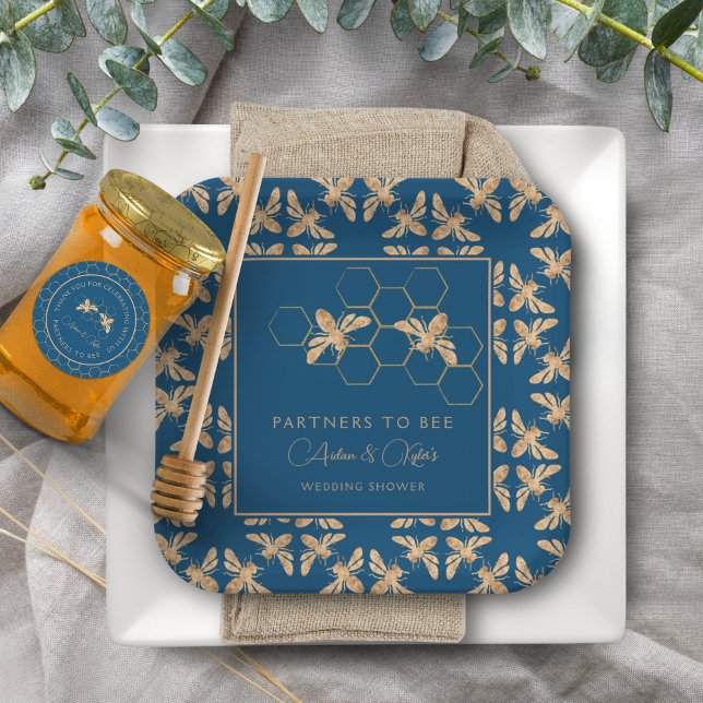 Plato De Papel Ducha de Boda Abeja Dorada Índigo y Panal (Subido por el creador)