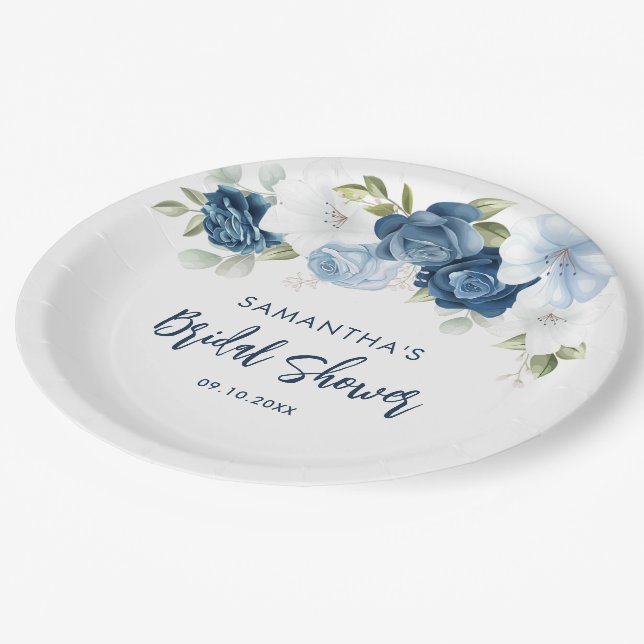 Plato De Papel Ducha de Boda con Flores Azules Polvorientas en Le (Angular)