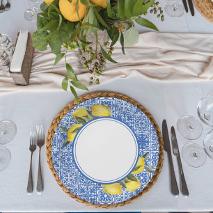 Plato De Papel Ducha de boda de limones y baldosas mediterráneas