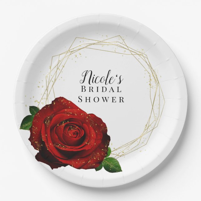 Plato De Papel Ducha de Boda Geométrica Dorada Rosa Roja (Anverso)