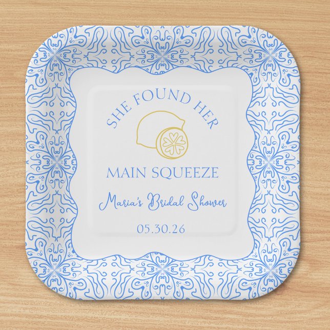 Plato De Papel Ducha de Brigada de Azulejos y Limón Principal (Elevate your bridal shower with elegant lemon-themed plates, perfect for She Found her Main Squeeze)