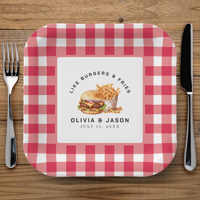Plato De Papel Ducha de casamiento picnic para hamburguesas y bol (Burgers & Fries Picnic Wedding Shower Paper Plates
)
