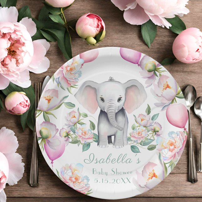 Plato De Papel Ducha de Elefante Bebé con Peonías y Globos (Serve delectable treats with style on these adorable Baby Shower Paper Plates!)