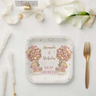 Plato De Papel Ducha de gemelas osito rosa lindo