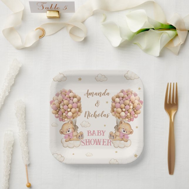 Plato De Papel Ducha de gemelas osito rosa lindo (Boda)