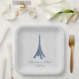 Plato De Papel Ducha de matrimonio Damask de la Torre Eiffel Azul