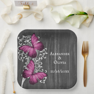 Plato De Papel Ducha de matrimonio de mariposa rusa magenta