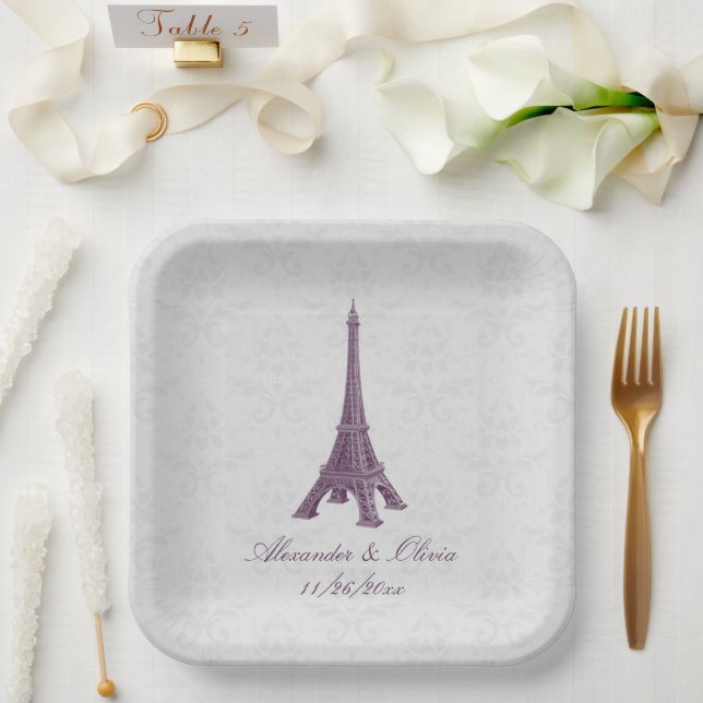 Plato De Papel Ducha de matrimonio Magenta Eiffel Tower Damask (Boda)