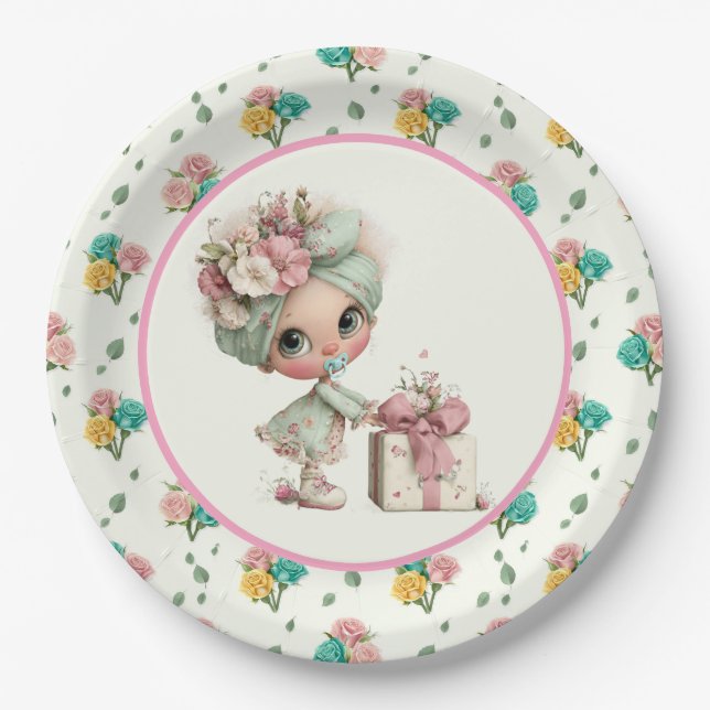 Plato De Papel Ducha de Niña Bebé Adorable (Anverso)