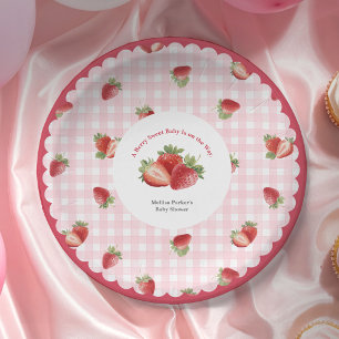 Plato De Papel ducha de niña de fresa con gingham rosa
