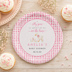 Plato De Papel Ducha de niña Silly Goose Blush rosa a cuadros