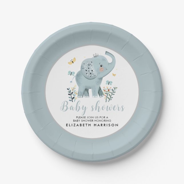 Plato De Papel Ducha de niño elefante azul Adorable (Anverso)